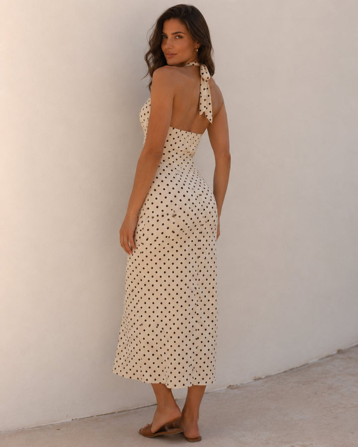Women's Polka Dot Halter V-Neck Backless Maxi Fall Wedding Guest Dress