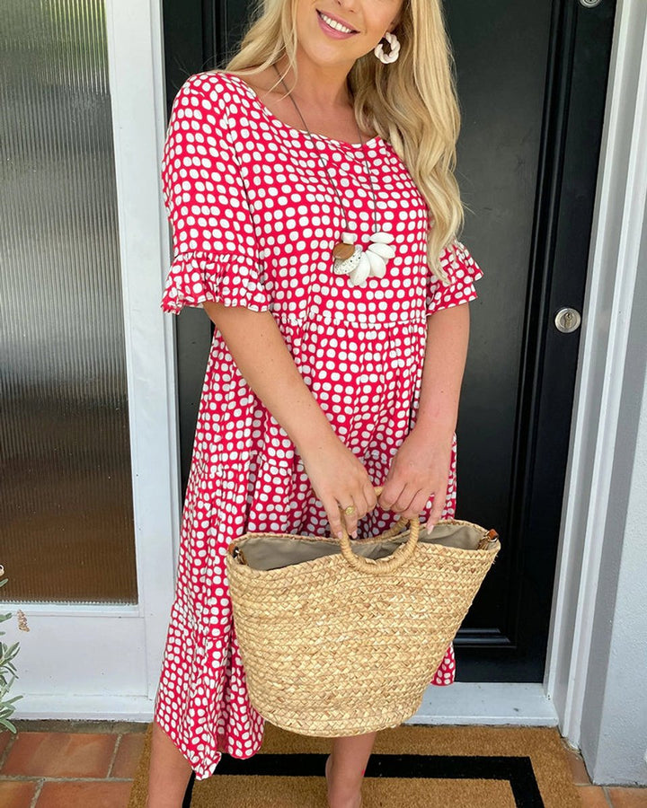 Women's Polka Dot Ruffle-Sleeve Fall Midi Dress