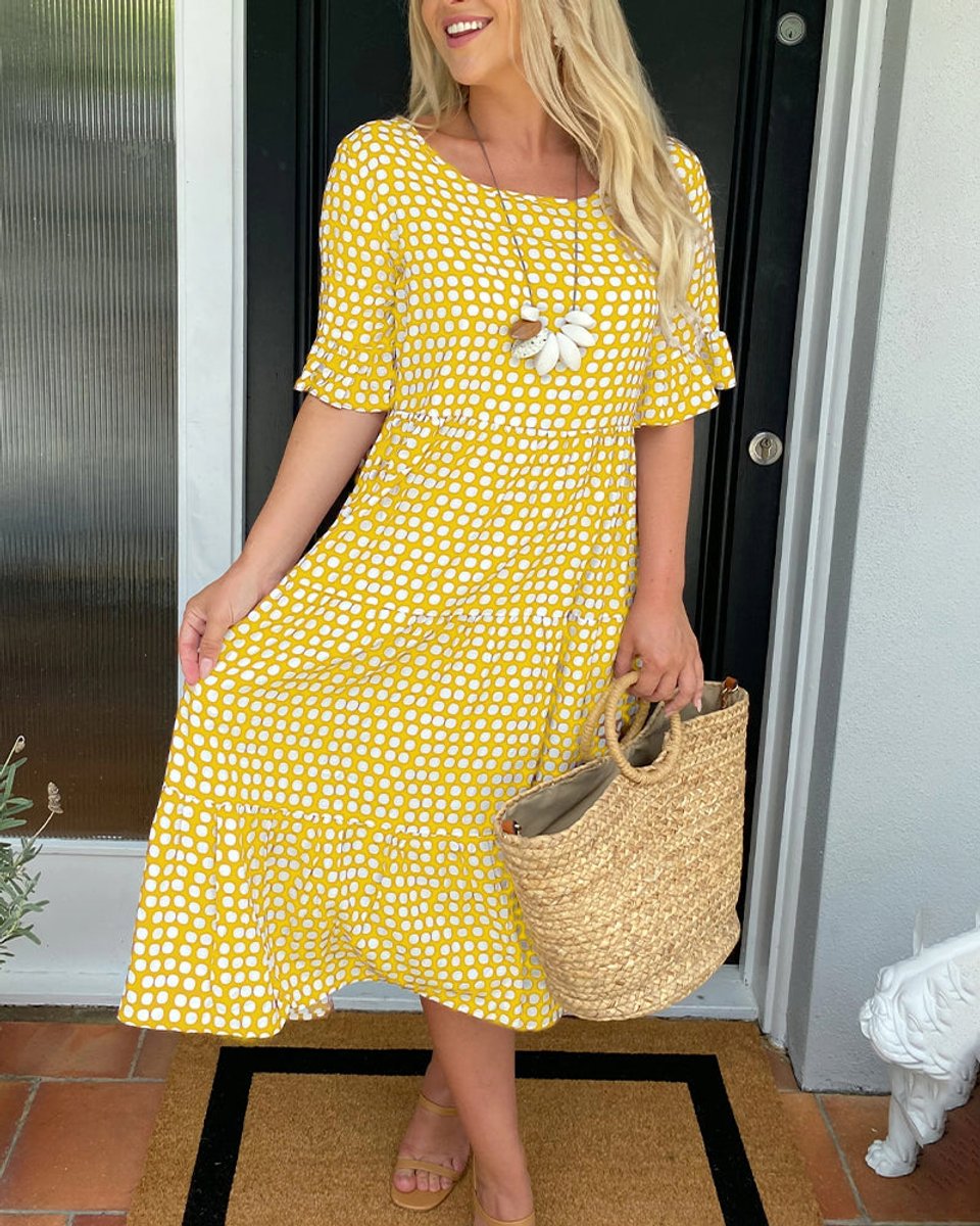 Women's Polka Dot Ruffle-Sleeve Fall Midi Dress