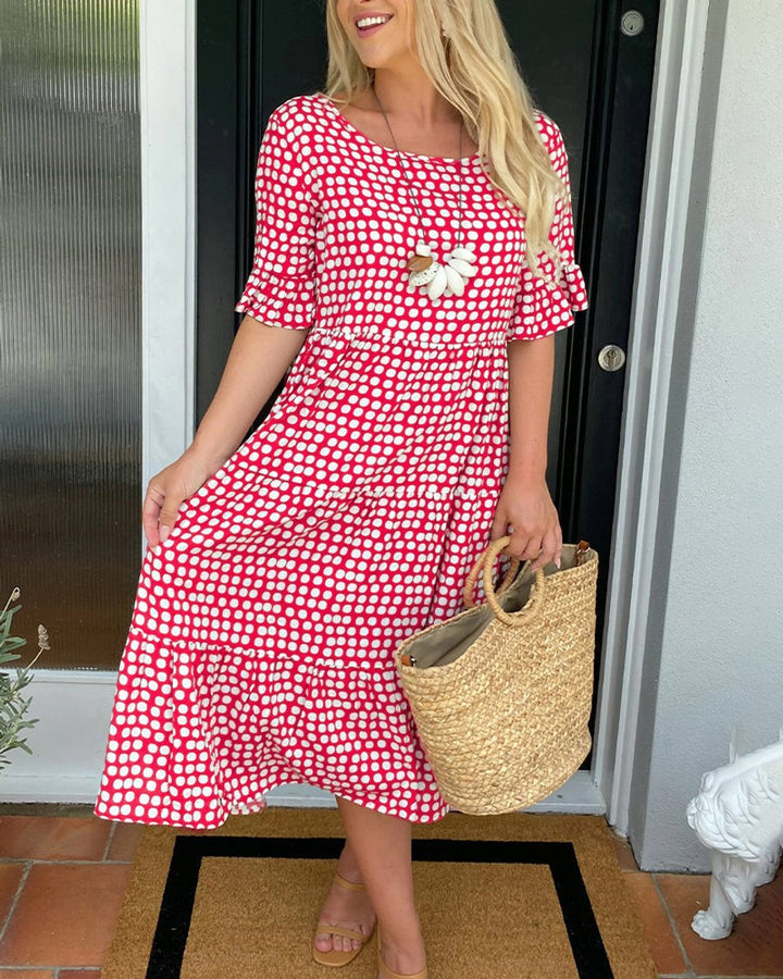 Women's Polka Dot Ruffle-Sleeve Fall Midi Dress