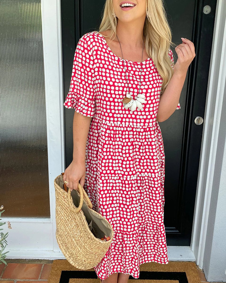 Women's Polka Dot Ruffle-Sleeve Fall Midi Dress