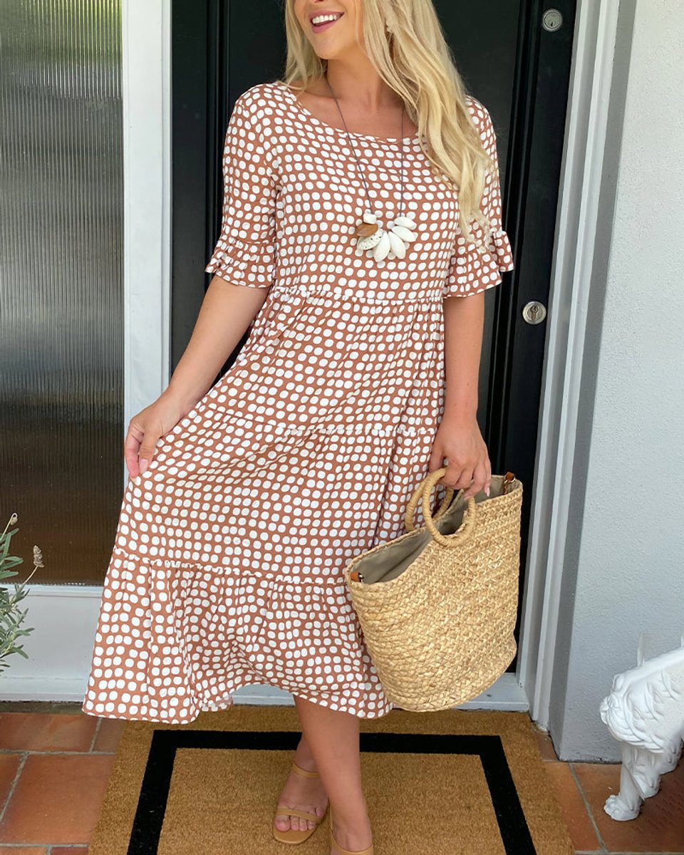 Women's Polka Dot Ruffle-Sleeve Fall Midi Dress