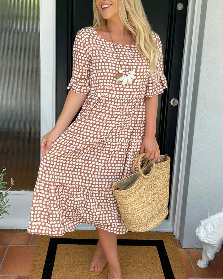 Women's Polka Dot Ruffle-Sleeve Fall Midi Dress
