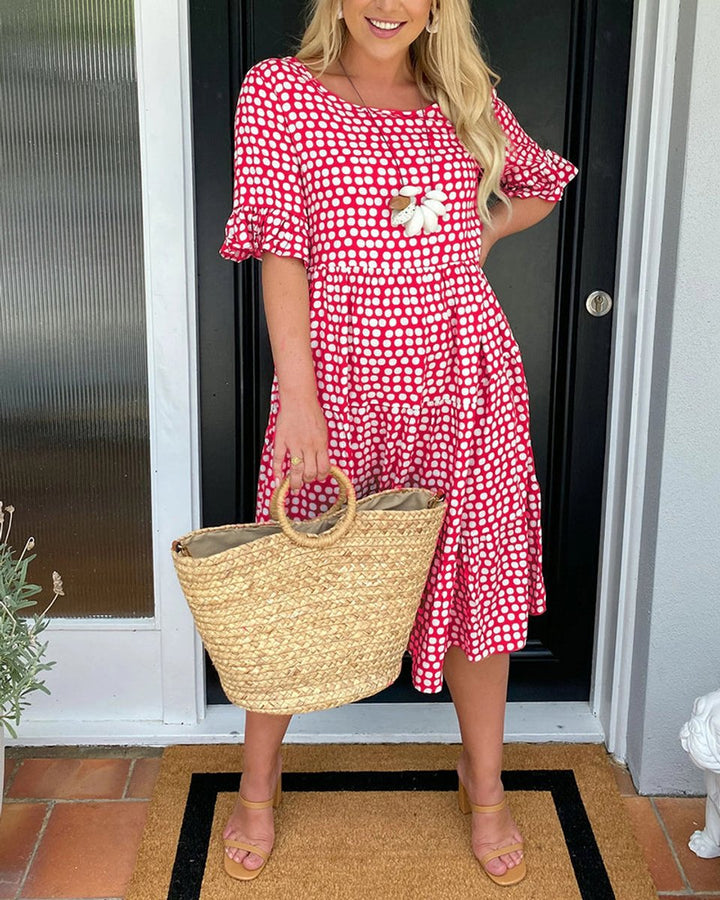 Women's Polka Dot Ruffle-Sleeve Fall Midi Dress