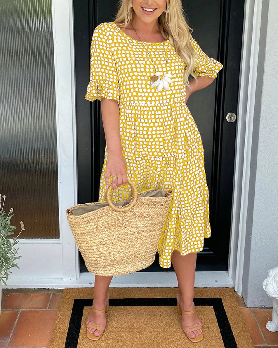 Women's Polka Dot Ruffle-Sleeve Fall Midi Dress