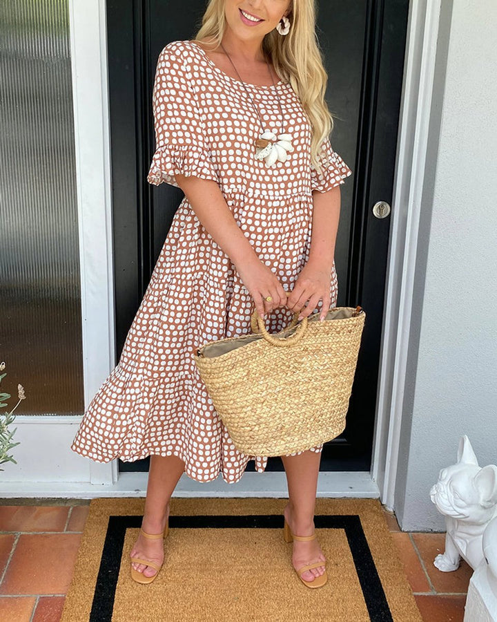 Women's Polka Dot Ruffle-Sleeve Fall Midi Dress