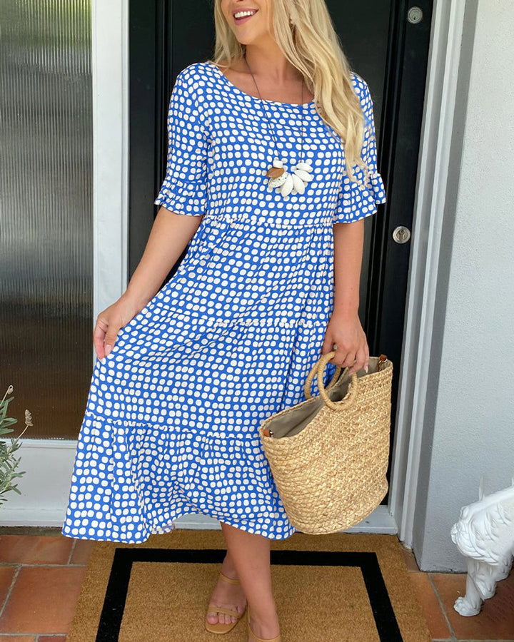 Women's Polka Dot Ruffle-Sleeve Fall Midi Dress