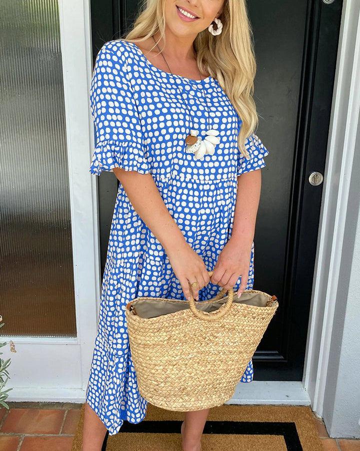 Women's Polka Dot Ruffle-Sleeve Fall Midi Dress