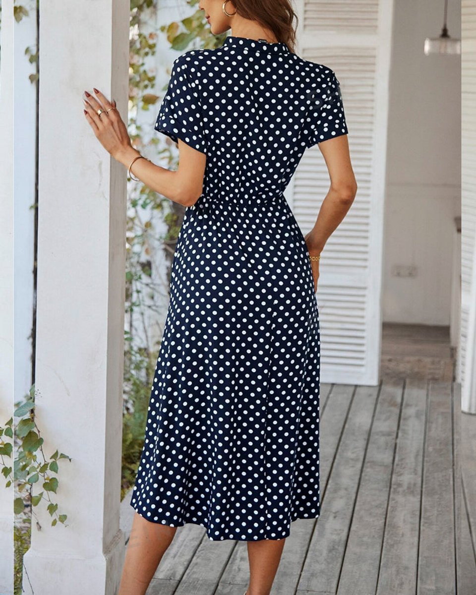 Women's Polka Dot Short Sleeve A-Line Fall Midi Dress Drawstring Waist