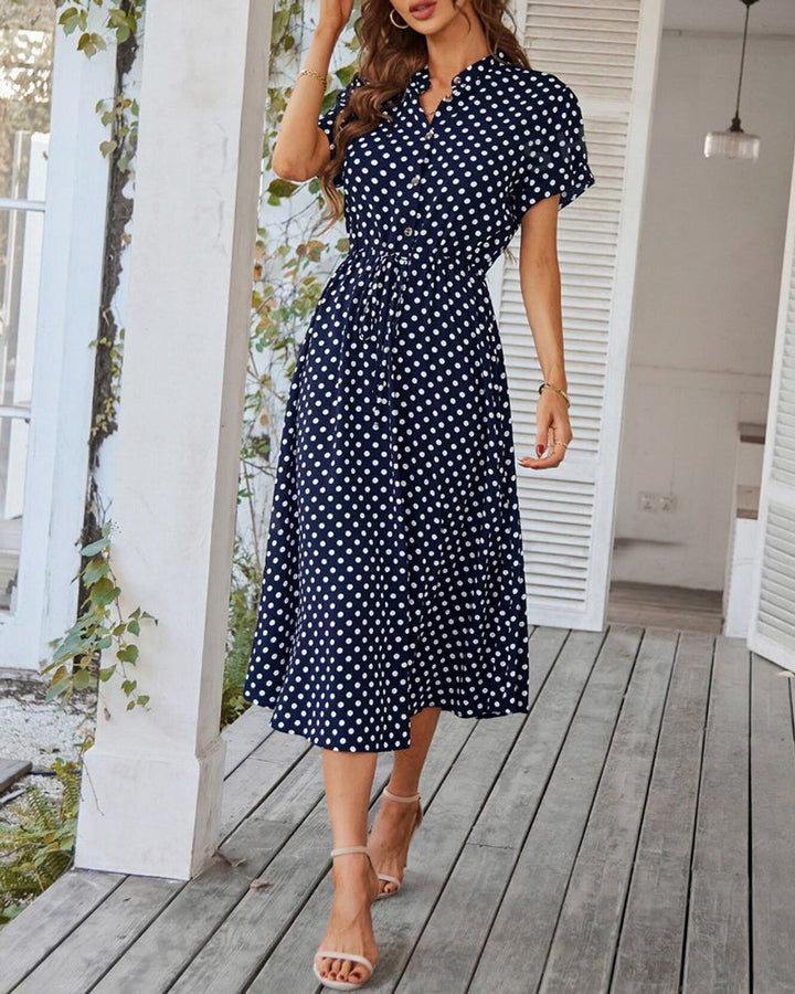 Women's Polka Dot Short Sleeve A-Line Fall Midi Dress Drawstring Waist