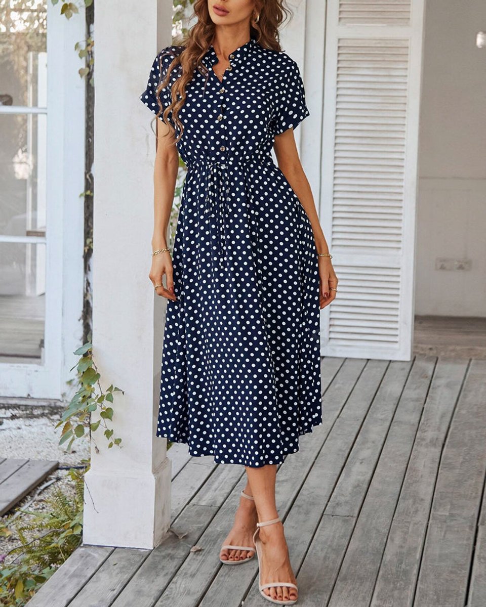 Women's Polka Dot Short Sleeve A-Line Fall Midi Dress Drawstring Waist