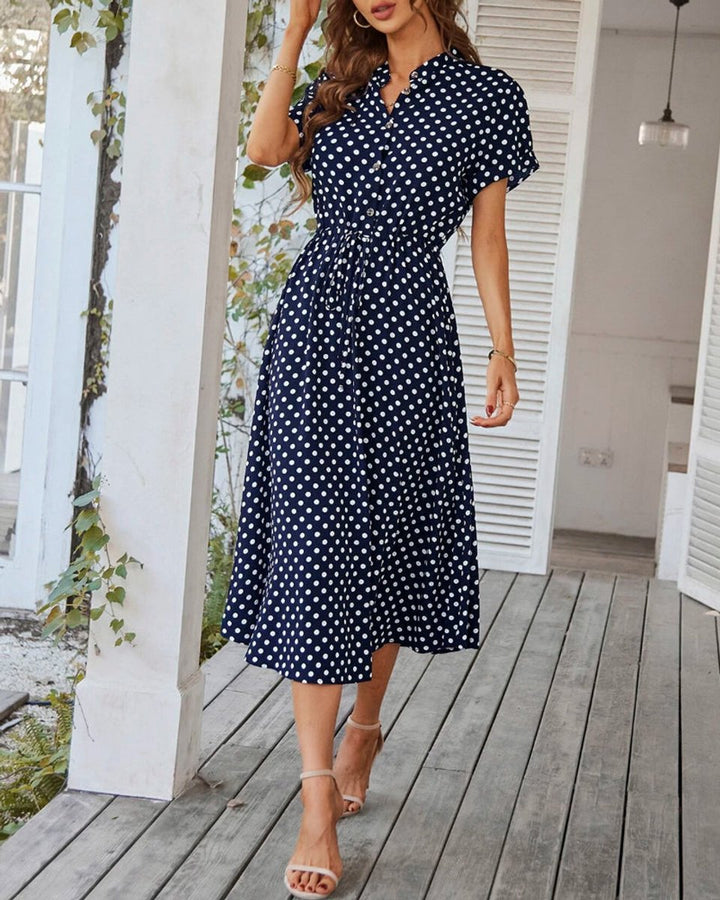 Women's Polka Dot Short Sleeve A-Line Fall Midi Dress Drawstring Waist