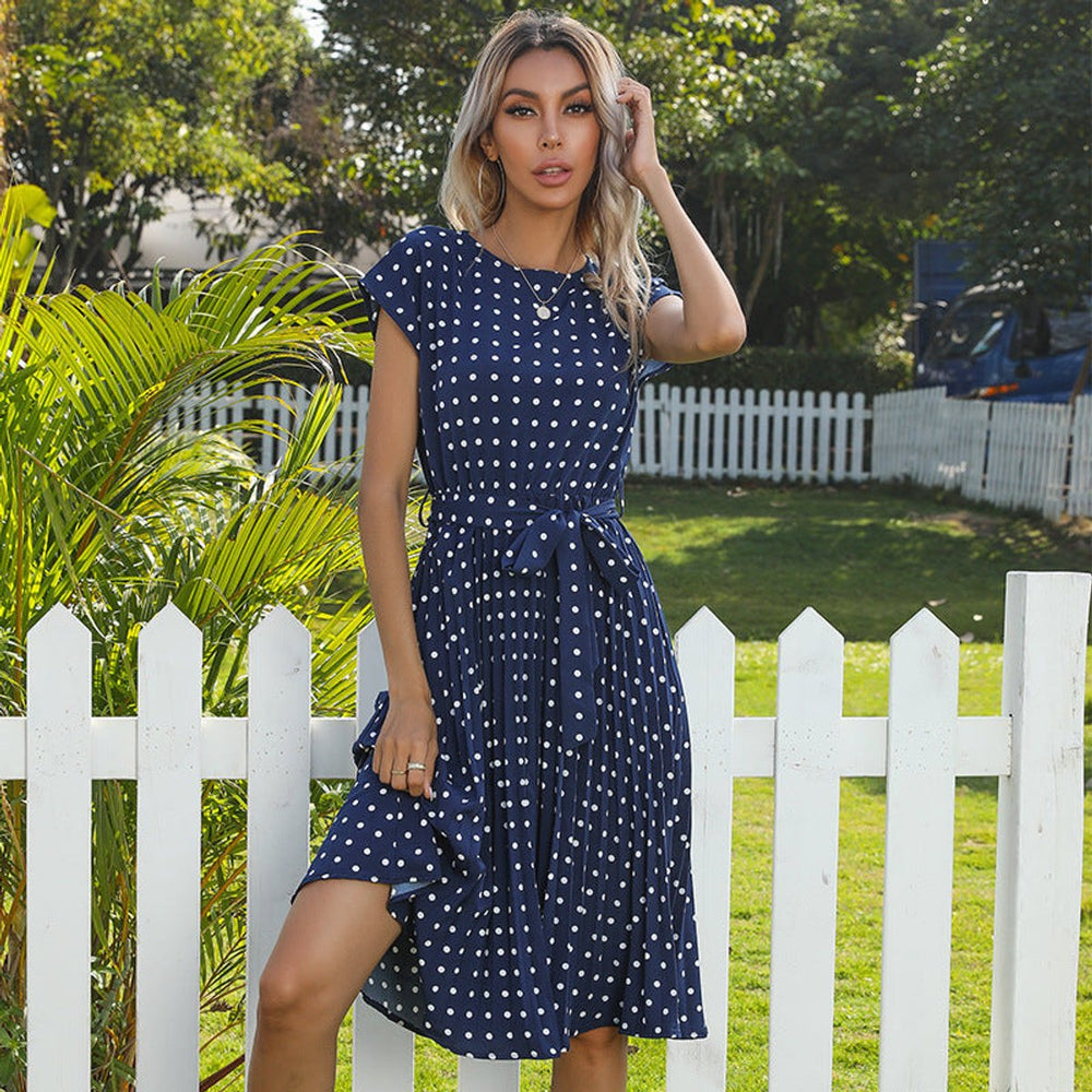 Women's Polka Dot Short-Sleeve Fall Midi Dress Elastic Waist