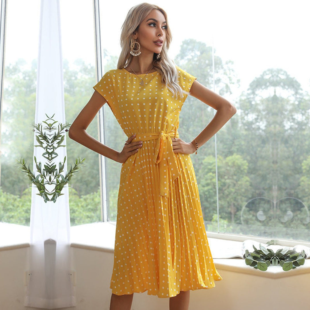 Women's Polka Dot Short-Sleeve Fall Midi Dress Elastic Waist