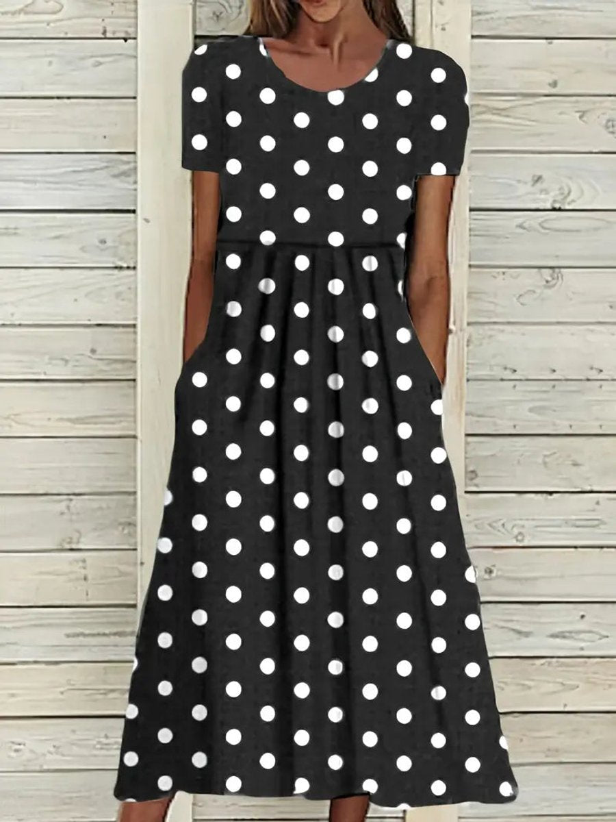 Women's Polka Dot Short Sleeve Fall Midi Dress Pockets