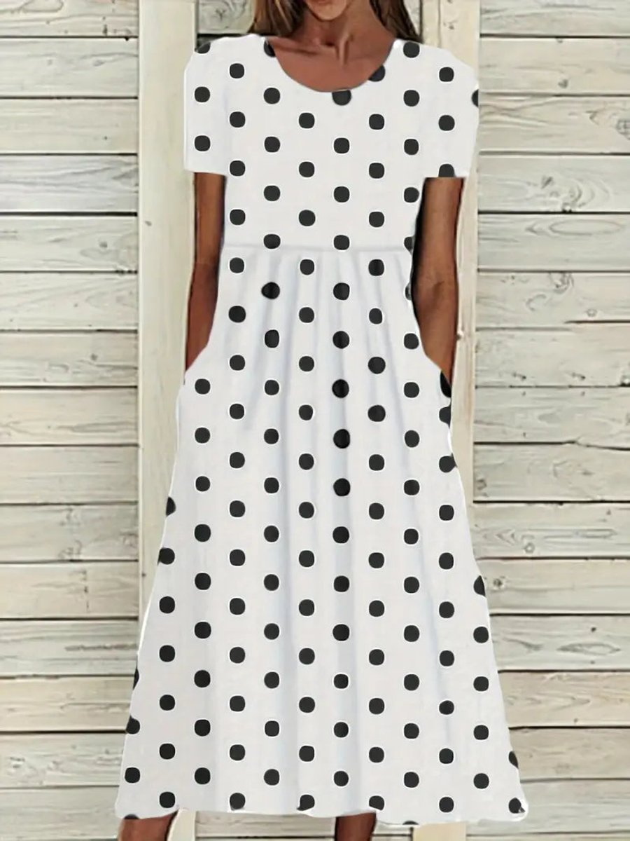 Women's Polka Dot Short Sleeve Fall Midi Dress Pockets