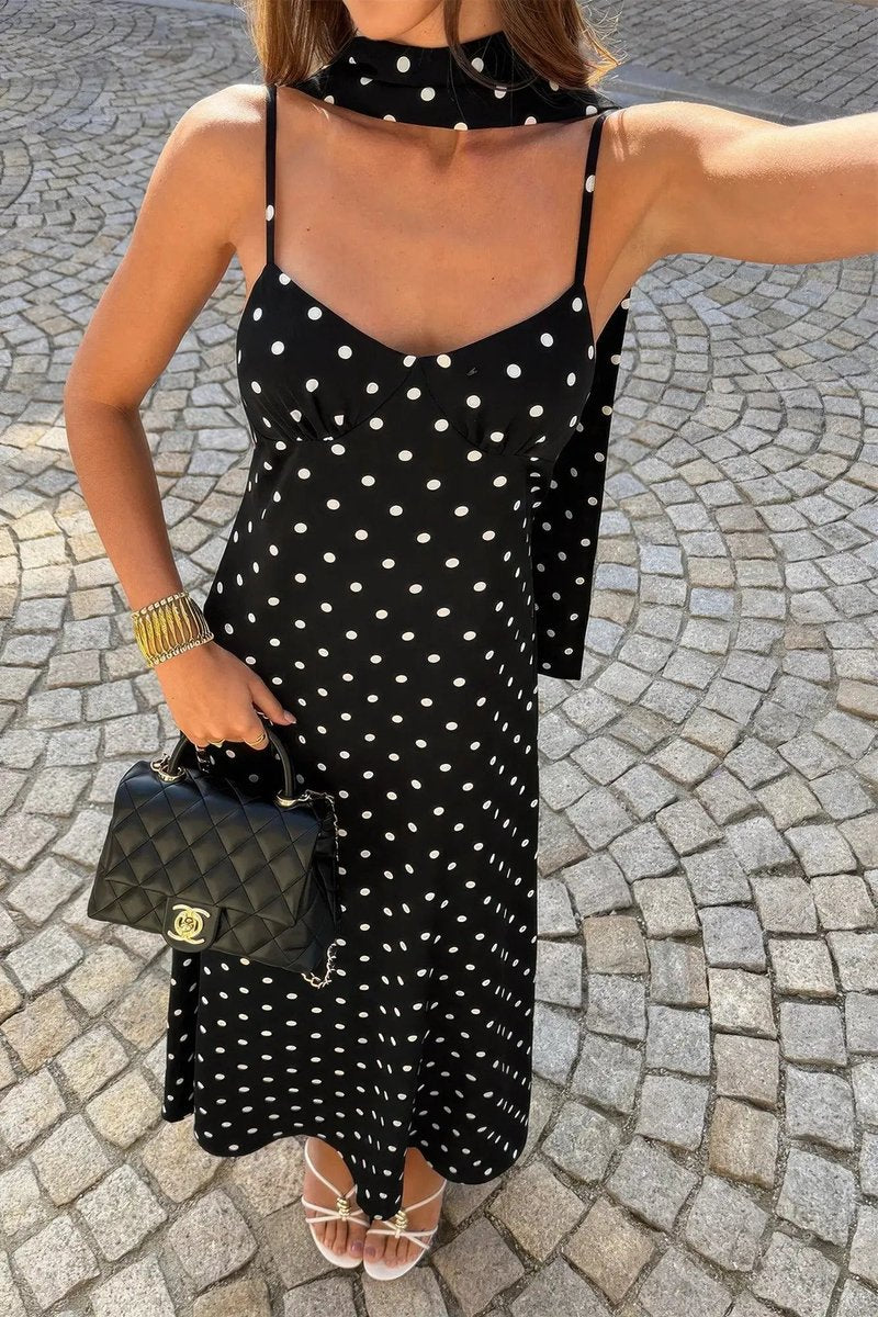 Women's Polka Dot Slip Maxi Fall Wedding Guest Dress Spaghetti Strap