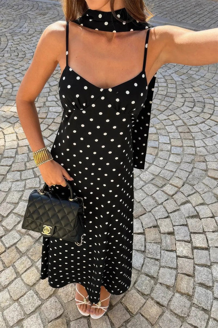 Women's Polka Dot Slip Maxi Fall Wedding Guest Dress Spaghetti Strap
