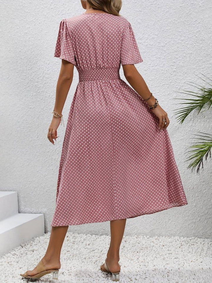 Women's Polka Dot Smocked-Waist Flutter-Sleeve Fall Midi Dress