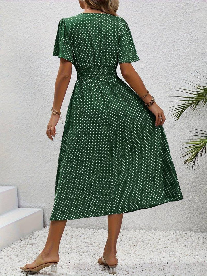 Women's Polka Dot Smocked-Waist Flutter-Sleeve Fall Midi Dress