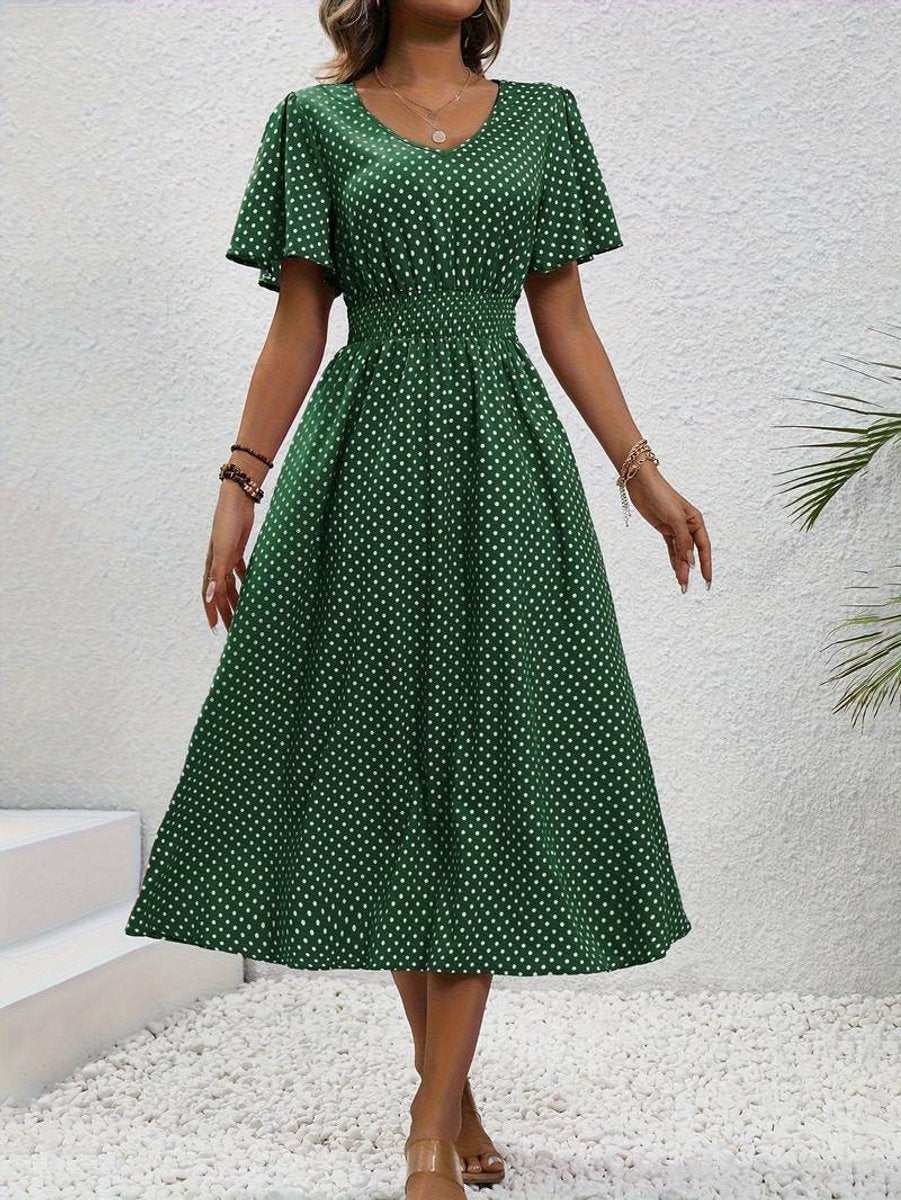 Women's Polka Dot Smocked-Waist Flutter-Sleeve Fall Midi Dress