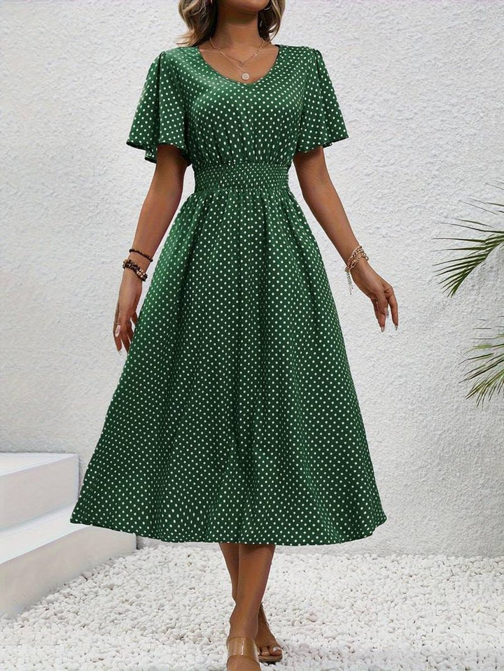 Women's Polka Dot Smocked-Waist Flutter-Sleeve Fall Midi Dress