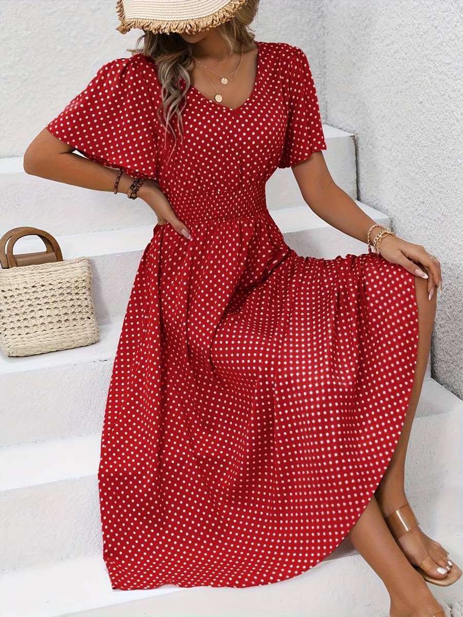 Women's Polka Dot Smocked-Waist Flutter-Sleeve Fall Midi Dress