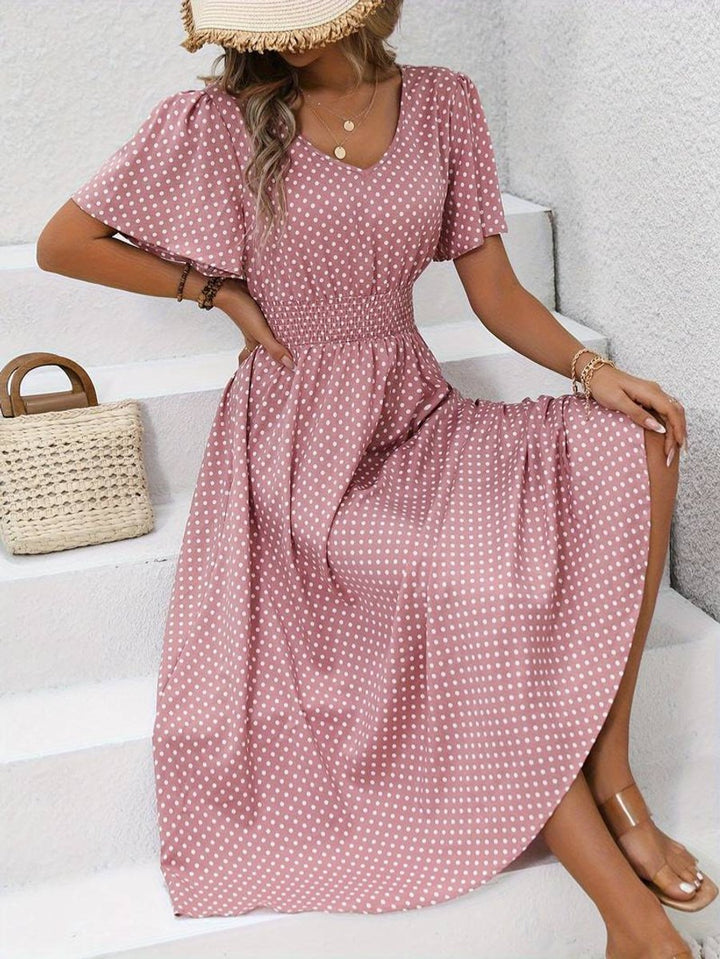Women's Polka Dot Smocked-Waist Flutter-Sleeve Fall Midi Dress