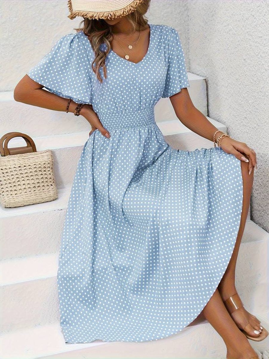 Women's Polka Dot Smocked-Waist Flutter-Sleeve Fall Midi Dress
