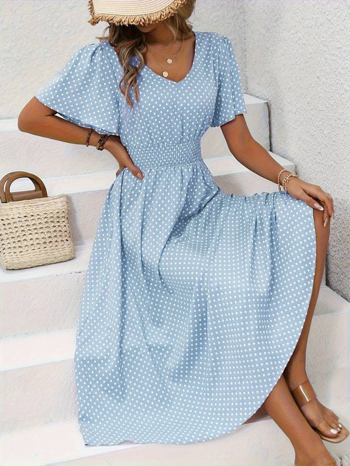 Women's Polka Dot Smocked-Waist Flutter-Sleeve Fall Midi Dress
