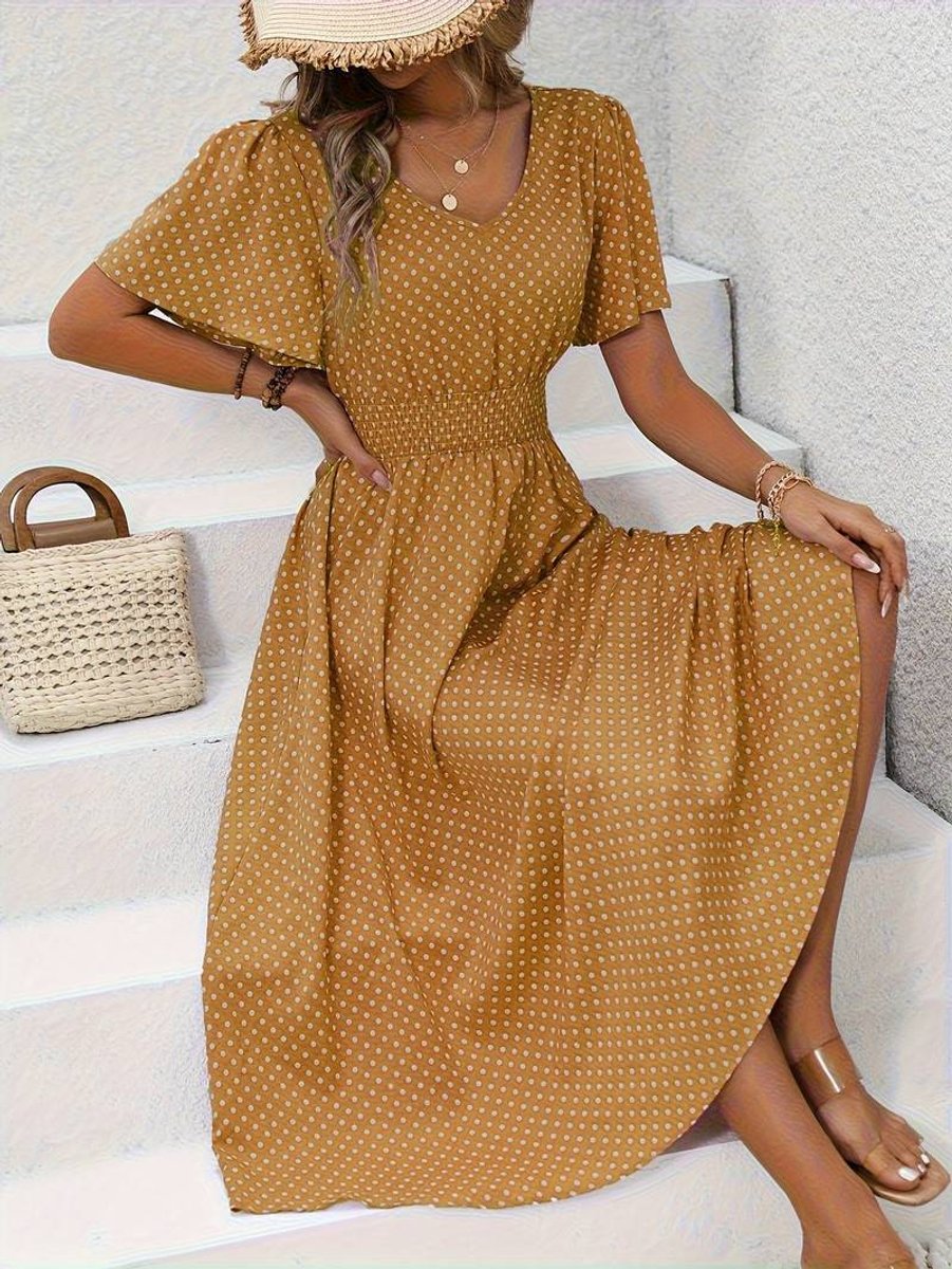 Women's Polka Dot Smocked-Waist Flutter-Sleeve Fall Midi Dress