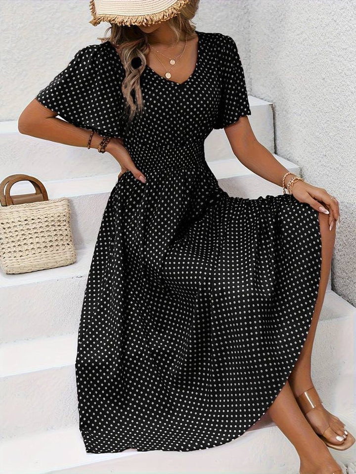 Women's Polka Dot Smocked-Waist Flutter-Sleeve Fall Midi Dress
