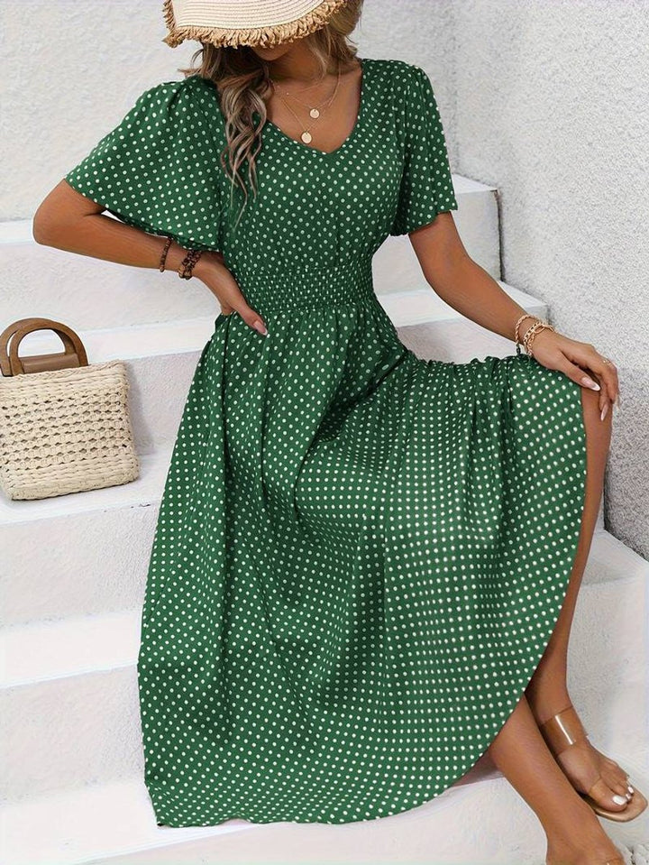 Women's Polka Dot Smocked-Waist Flutter-Sleeve Fall Midi Dress
