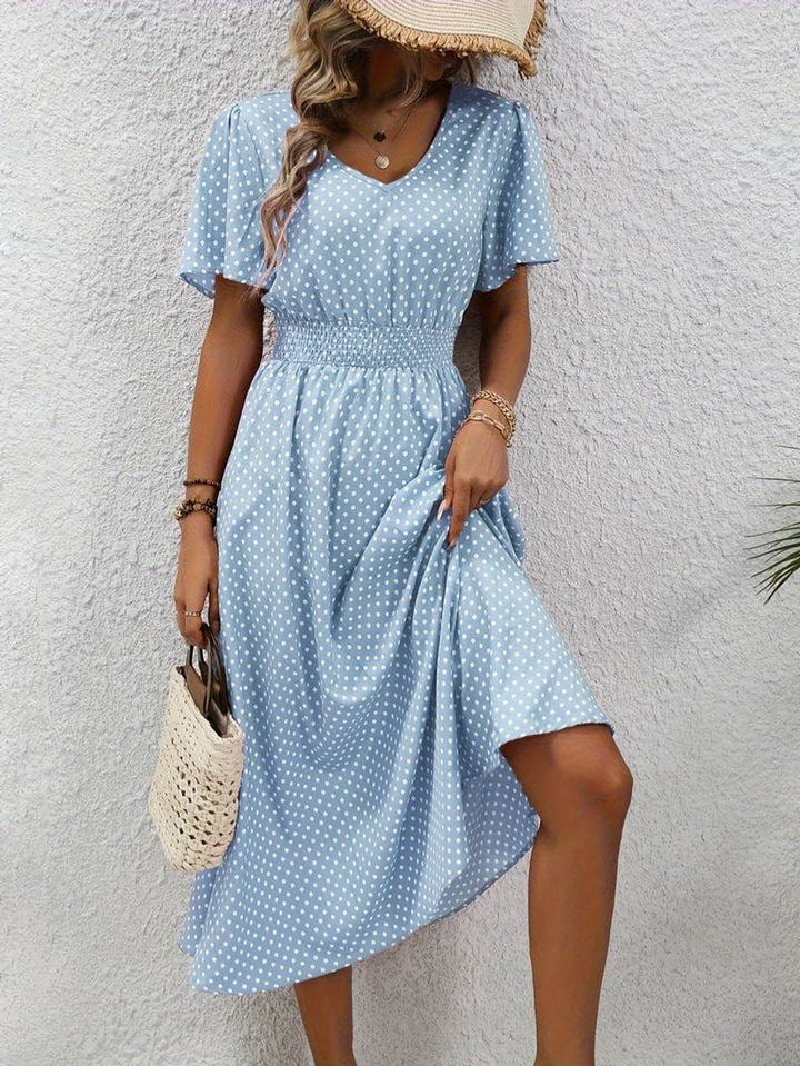 Women's Polka Dot Smocked-Waist Flutter-Sleeve Fall Midi Dress