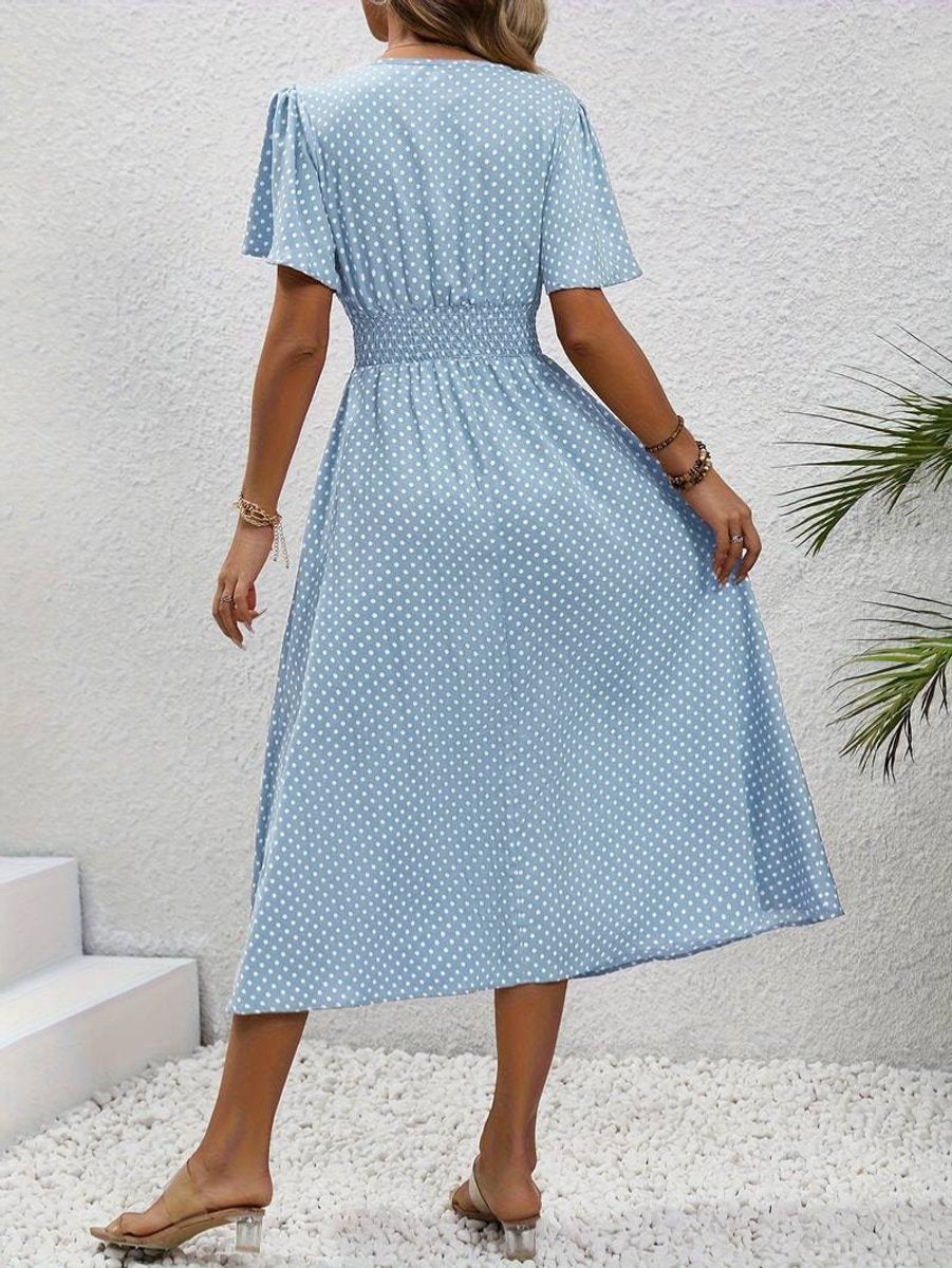 Women's Polka Dot Smocked-Waist Flutter-Sleeve Fall Midi Dress