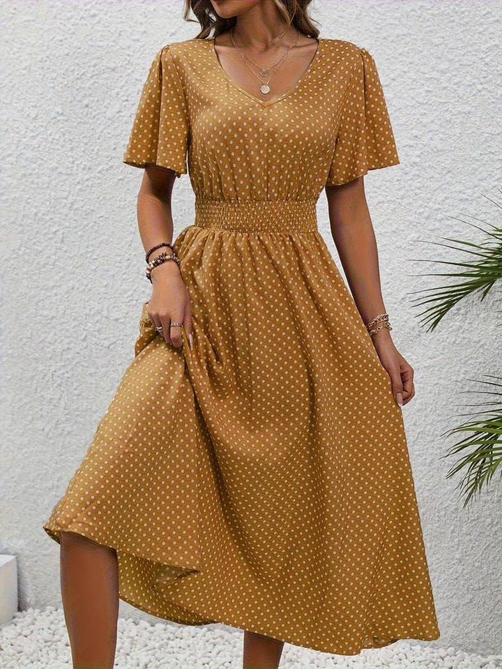 Women's Polka Dot Smocked-Waist Flutter-Sleeve Fall Midi Dress