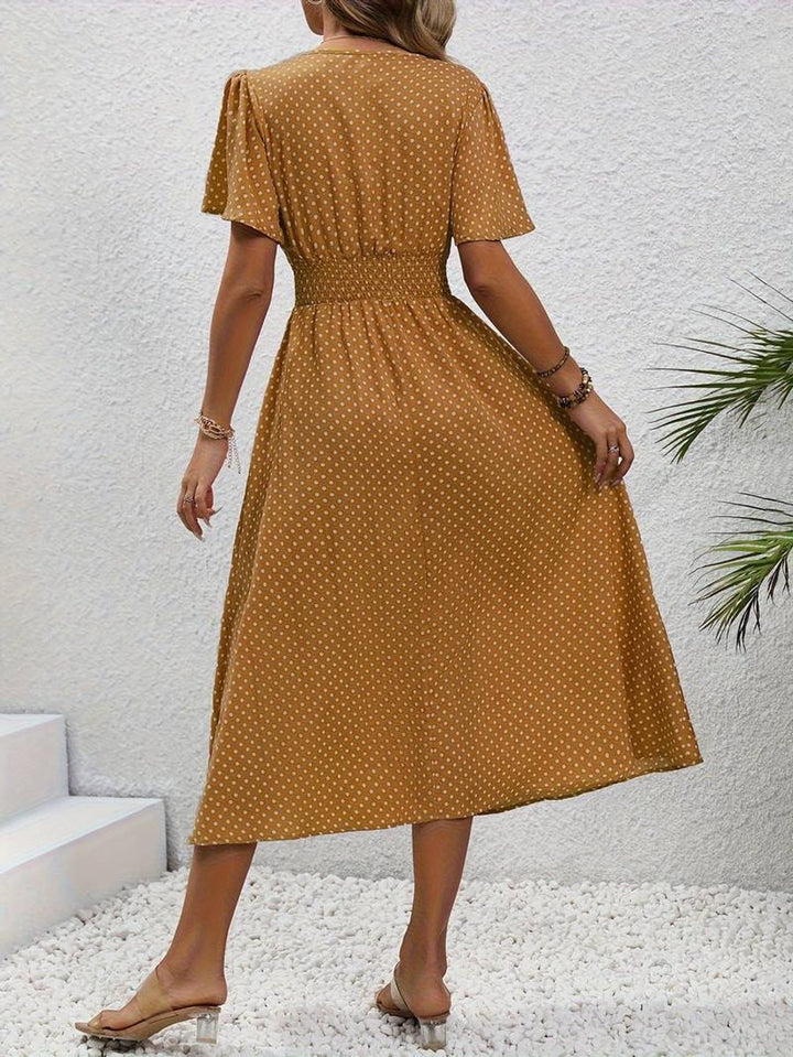 Women's Polka Dot Smocked-Waist Flutter-Sleeve Fall Midi Dress