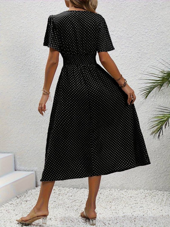 Women's Polka Dot Smocked-Waist Flutter-Sleeve Fall Midi Dress