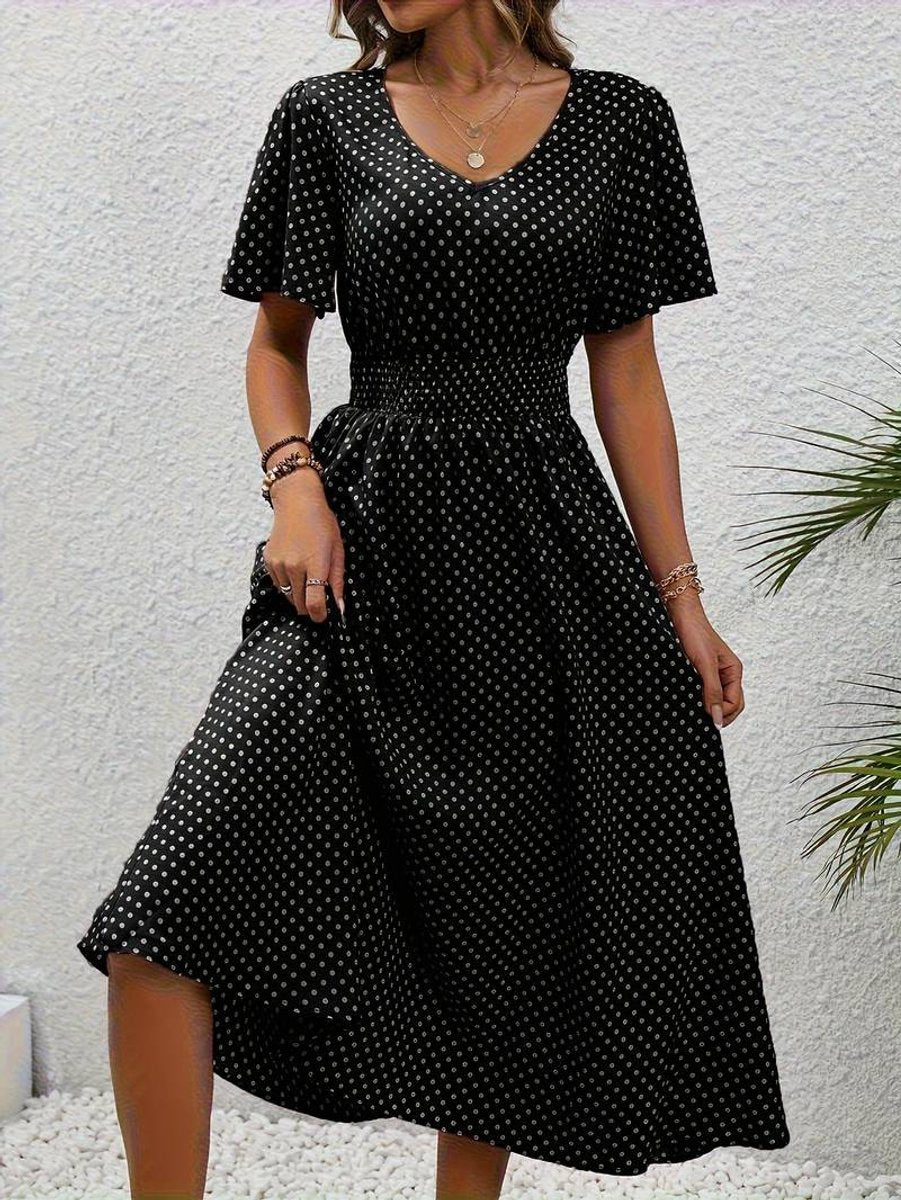 Women's Polka Dot Smocked-Waist Flutter-Sleeve Fall Midi Dress