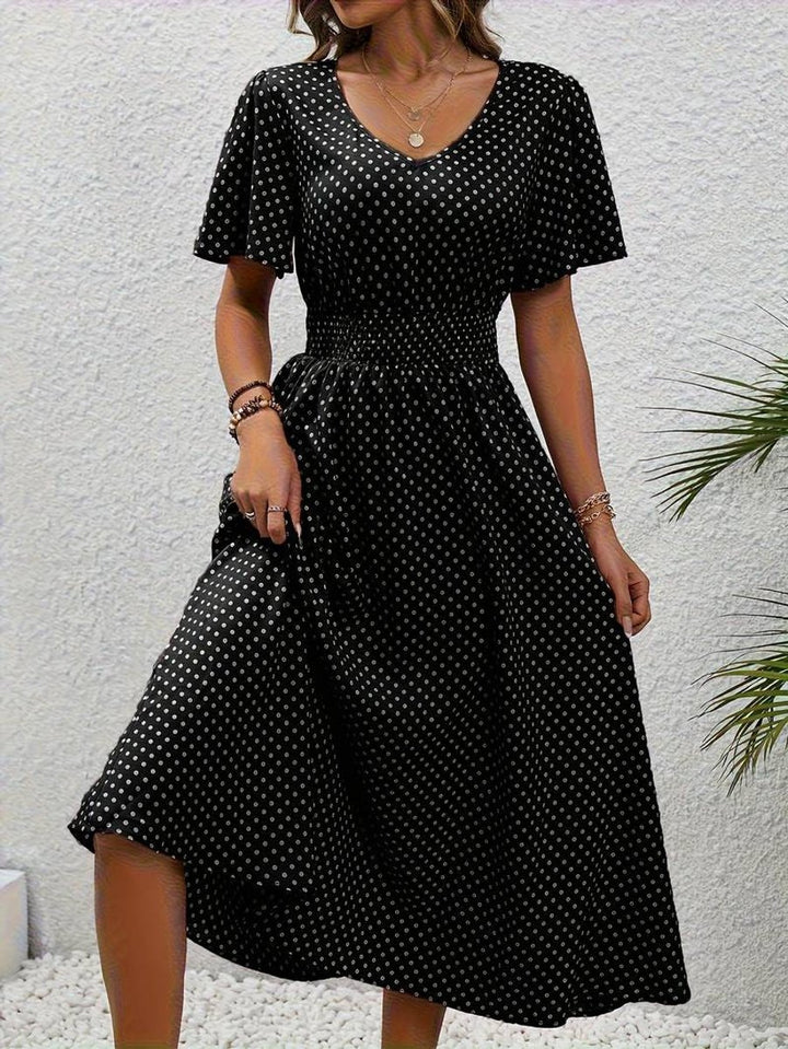 Women's Polka Dot Smocked-Waist Flutter-Sleeve Fall Midi Dress