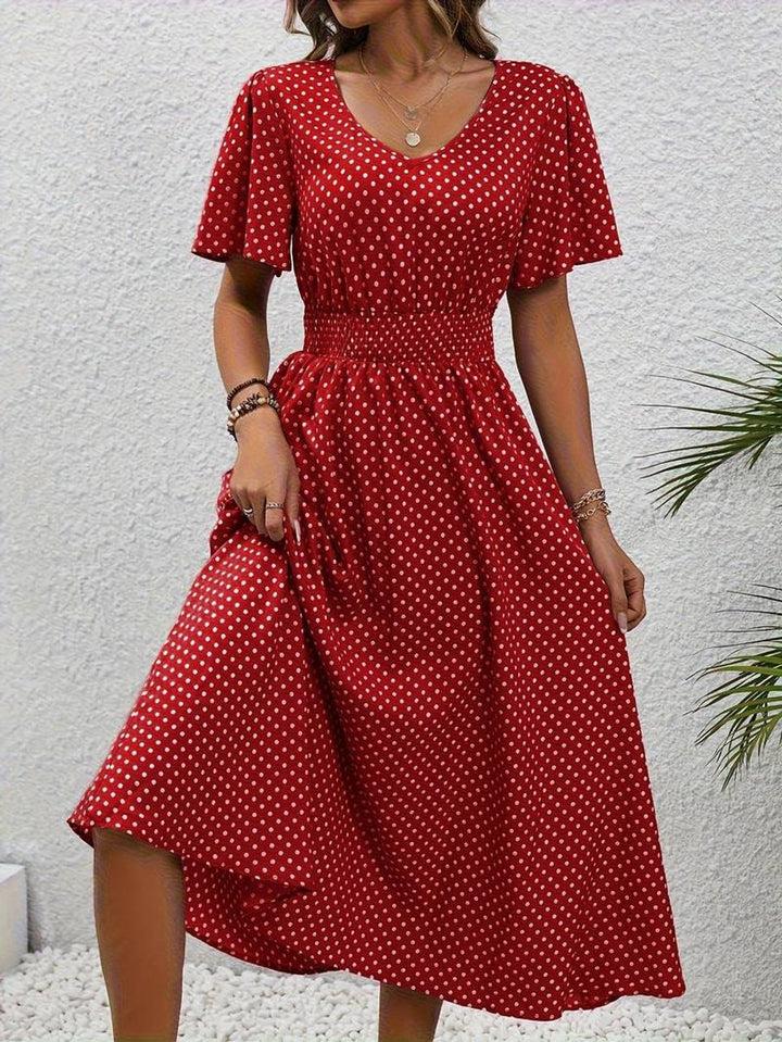 Women's Polka Dot Smocked-Waist Flutter-Sleeve Fall Midi Dress