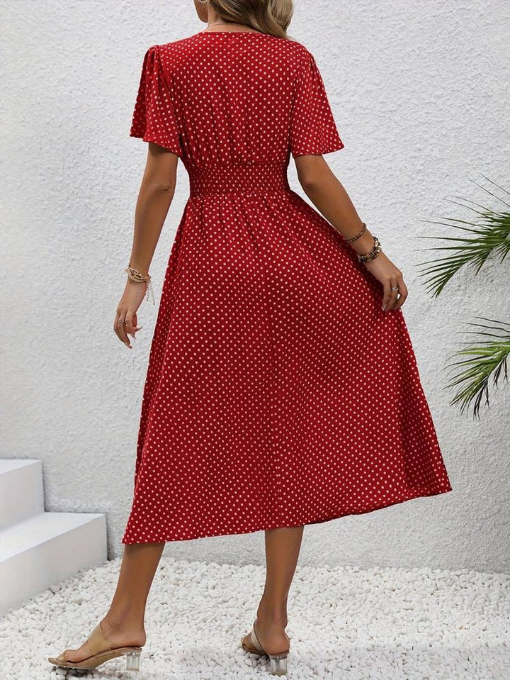 Women's Polka Dot Smocked-Waist Flutter-Sleeve Fall Midi Dress
