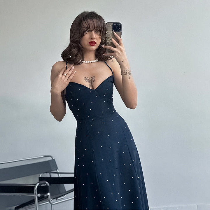 Women's Polka Dot Spaghetti Strap Fall Midi Dress V-Neck A-Line