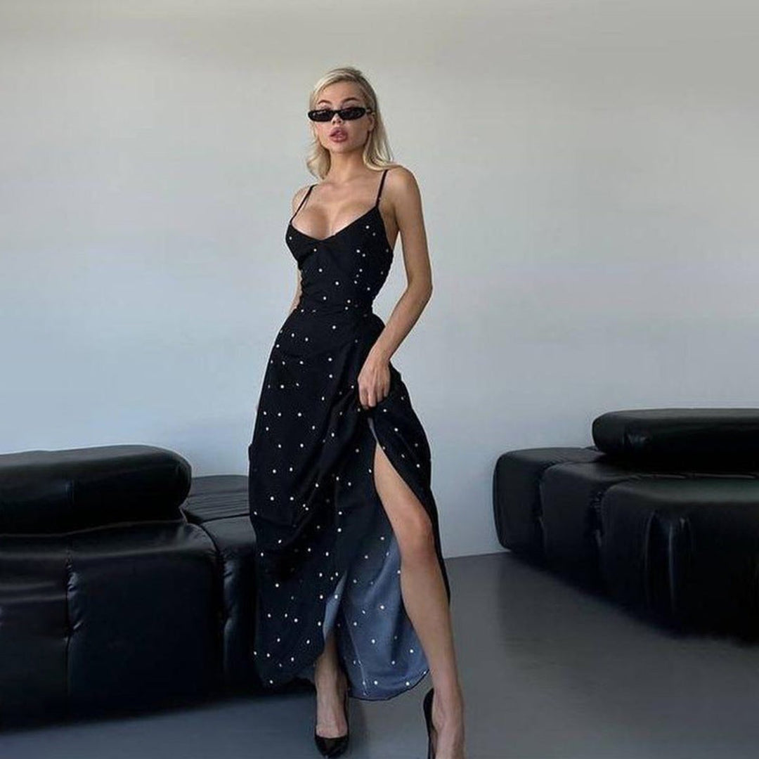 Women's Polka Dot Spaghetti Strap Fall Midi Dress V-Neck A-Line