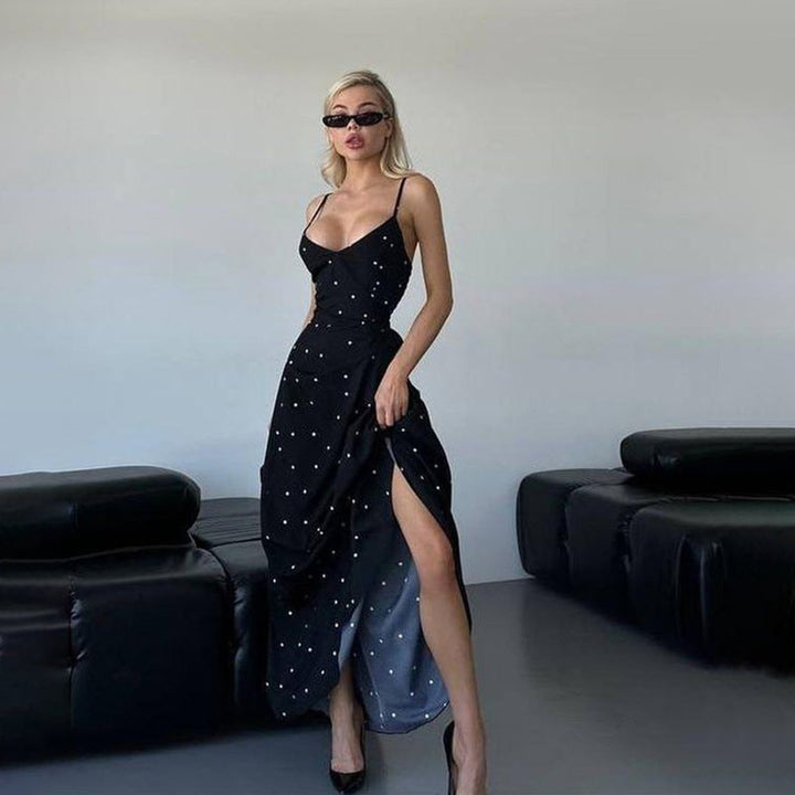 Women's Polka Dot Spaghetti Strap Fall Midi Dress V-Neck A-Line