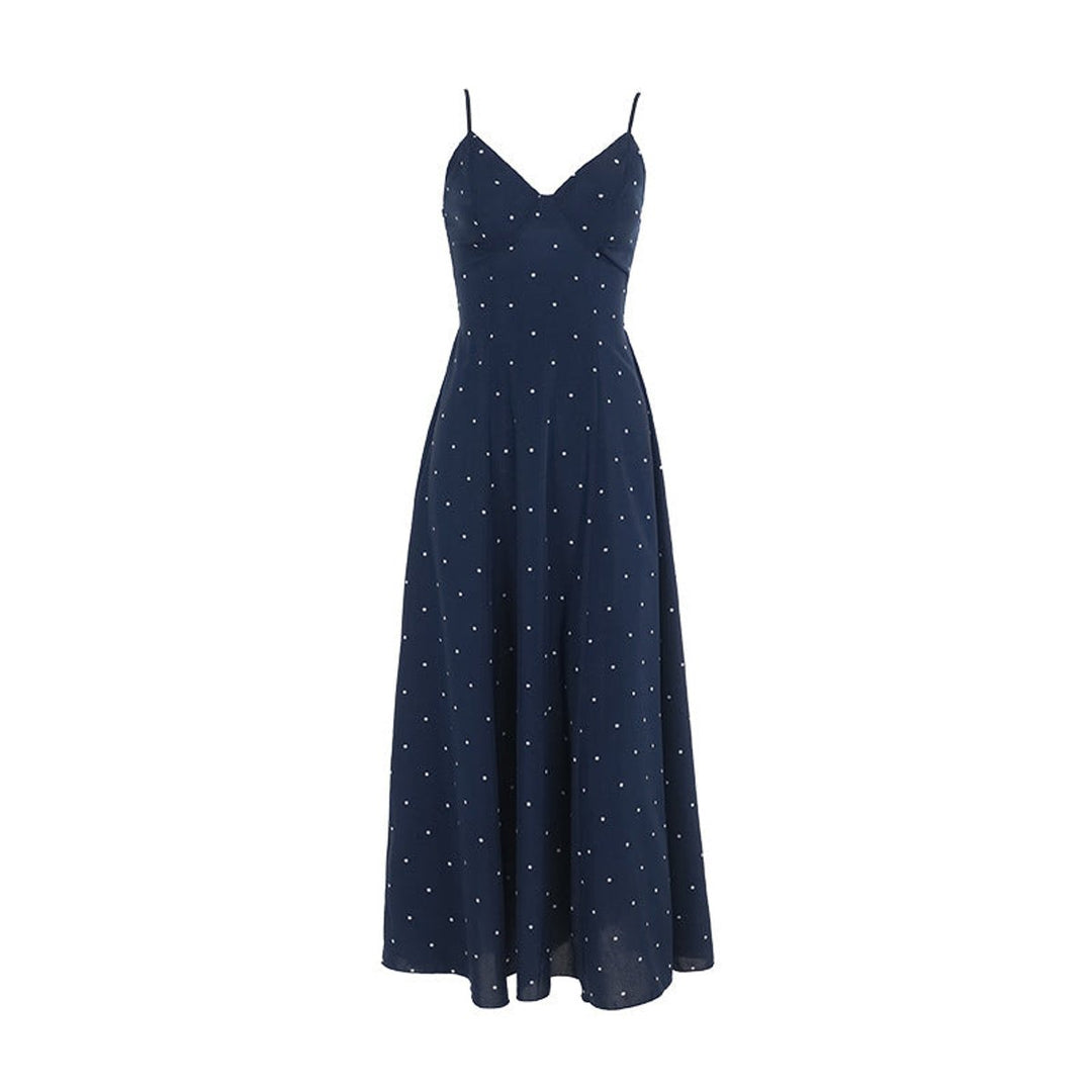 Women's Polka Dot Spaghetti Strap Fall Midi Dress V-Neck A-Line