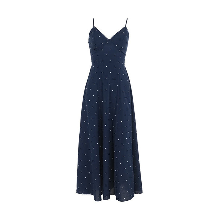 Women's Polka Dot Spaghetti Strap Fall Midi Dress V-Neck A-Line