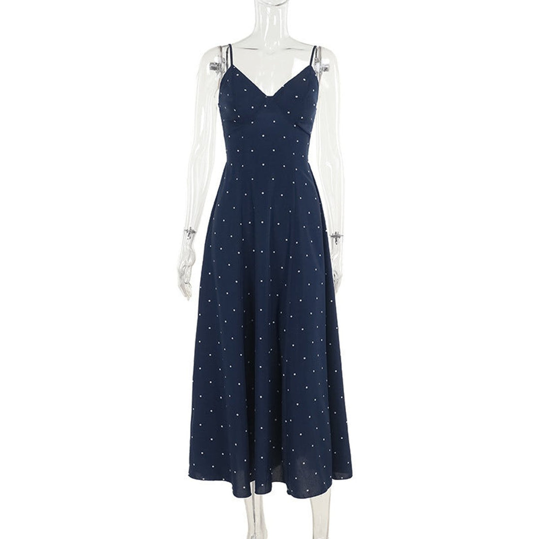 Women's Polka Dot Spaghetti Strap Fall Midi Dress V-Neck A-Line