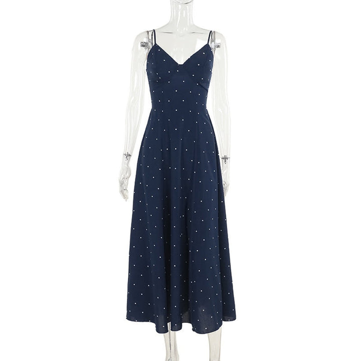 Women's Polka Dot Spaghetti Strap Fall Midi Dress V-Neck A-Line