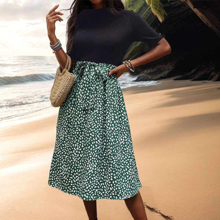 Women's Polka Dot Tie-Waist Mock Neck Fall Midi Dress